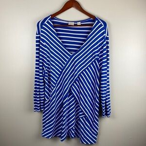 Chico’s Woman’s Size 3 XL 3/4 Sleeve Asymmetrical Stripes Raw Hem Shirt Blue